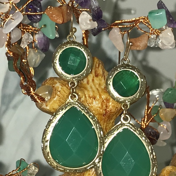 Drop Earrings with Green Onyx and Gold Trim - Picture 3 of 5